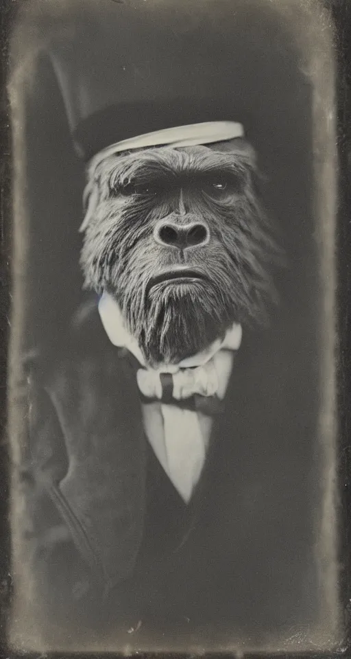 Image similar to a vintage wet plate portrait of a dignified bigfoot with a top hat and cane