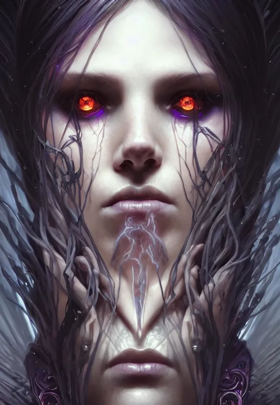 Image similar to Necromancer Sorceress face close-up macro in center, fantasy magic, undercut hairstyle, dark light night, intricate, elegant, sharp focus, illustration, highly detailed, digital painting, concept art, matte, art by WLOP and Artgerm and Greg Rutkowski and Alphonse Mucha, masterpiece