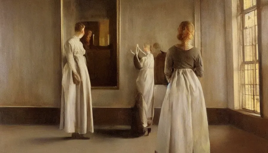 Image similar to painting by borremans, queen in a hall with mirrors on the walls, detailed, stunning