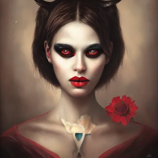 Image similar to portrait of a female demon, by tom bagshaw