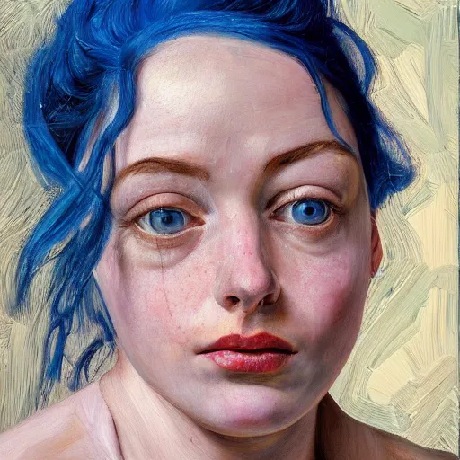 Image similar to high quality high detail painting by lucian freud, hd, blue hair beautiful girl portrait, photorealistic lighting