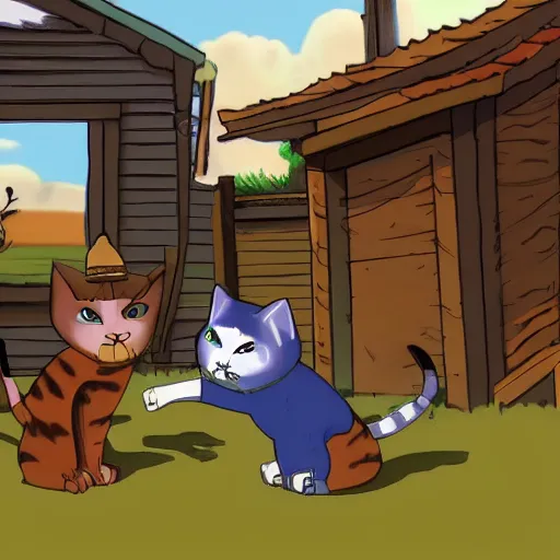 Prompt: two cowboy cats in a standoff, computer animated children's movie screenshot, drawn by tracy j. butler, dutch angle, cinematic