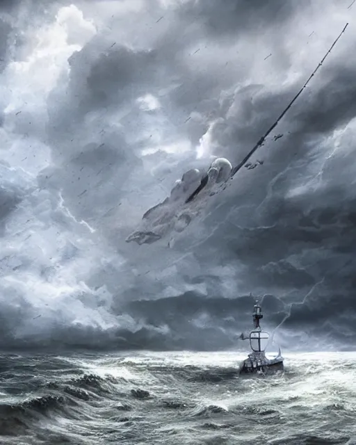 Image similar to establishing shot of a fishing boat on stormy seas, a gigantic star destroyer spaceship in the storm clouds flying overhead, star destroyer spaceship is emerging from storm clouds, stormy weather, dramatic lighting, unreal engine, hyper realism, realistic shading, cinematic composition, realistic render, octane render, detailed textures, photorealistic, ultrawide shot, 16mm lens