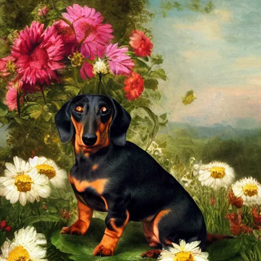 Prompt: Dachshund dog sitting in flowers, highly detailed photo in the style of Franz Xaver Winterhalter and Aetherpunk