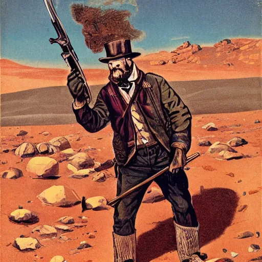 Prompt: 19th century scruffy american trapper holding a rifle, on mars, pulp science fiction illustration