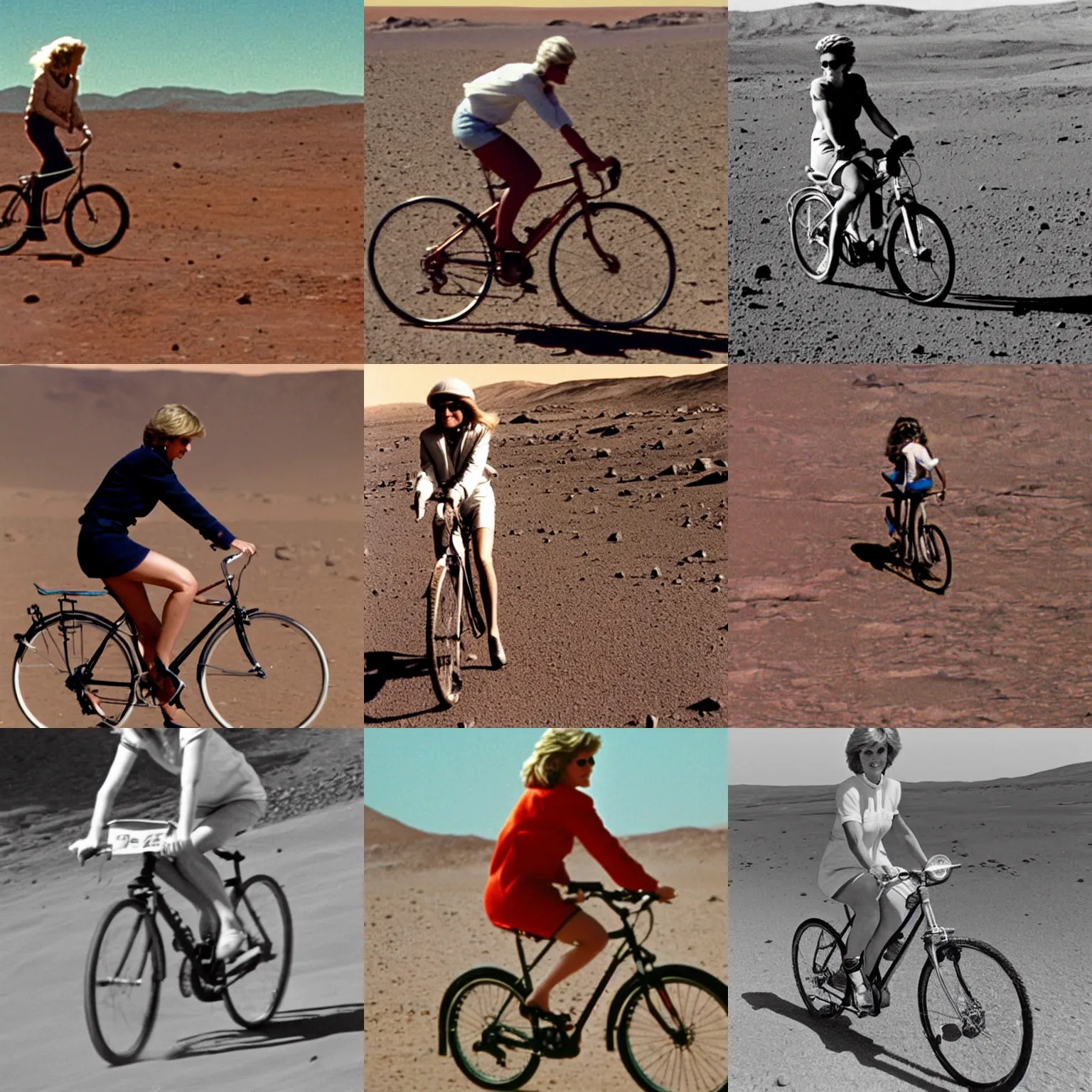 Prompt: paparazzi photo of princess diana riding a bicycle on mars, detailed, 3 5 mm