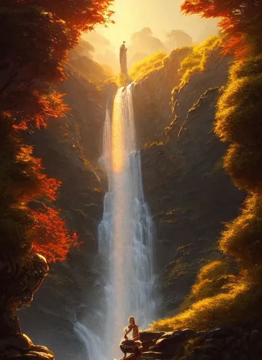 Image similar to detailed intricate digital illustration by greg rutkowski and artgerm and wlop and sanford robinson gifford ; shimmering waterfall in background ; 1 3 mm film, arri alfa anamorphic lens ; sharp focus, golden hour lighting, trending on artstation 4 k