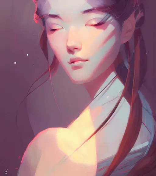 Image similar to portrait of a beautiful alluring immortal japanese goddess by atey ghailan, by greg rutkowski, by greg tocchini, by james gilleard, by joe fenton, by kaethe butcher, by rick wade art, dynamic lighting, gradient light blue, brown, blonde cream and white color scheme, grunge aesthetic