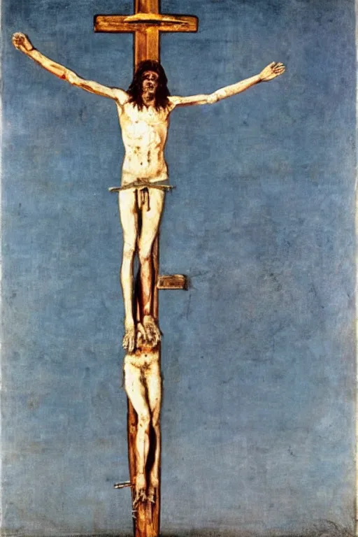 Prompt: bloody christ crucified and a huge ufo in the sky painted by cy twombly and andy warhol