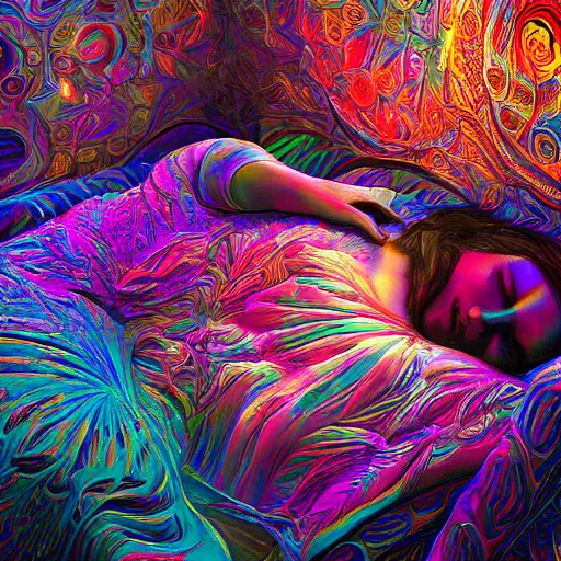 Image similar to photorealistic sleeping in a trippy psychedelic world. hyperdetailed photorealism, 1 0 8 megapixels, amazing depth, high resolution, 3 d shading, 3 d finalrender, 3 d cinematic lighting, glowing rich colors, psychedelic overtones, artstation concept art.