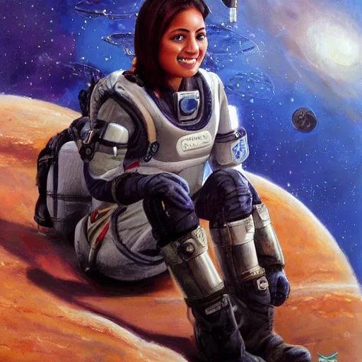 Image similar to a female space cadet from india, resting after a hard mission, happily tired, sci fi character portrait by Mark Arian