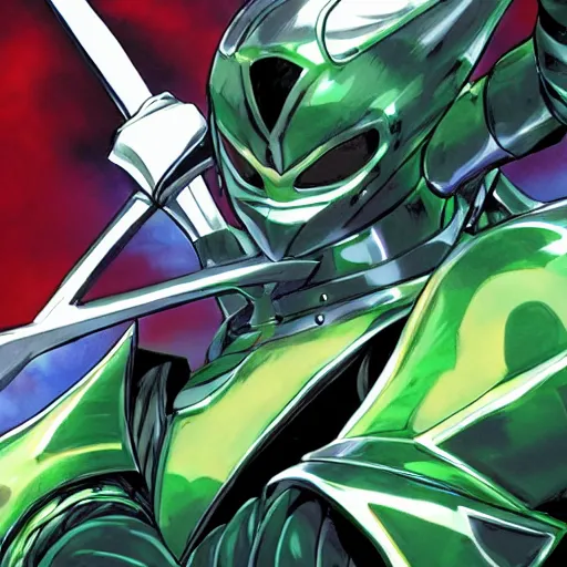Image similar to knight in green car, blue armor, gold sword, dragon attack, low angle, action, manga panel, Murata