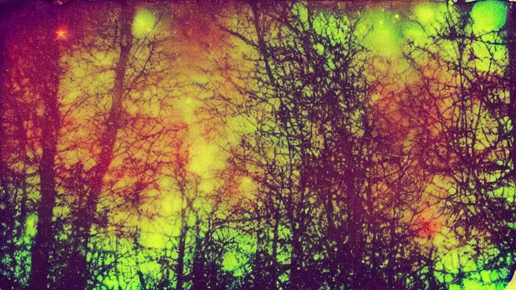 Image similar to psychedelic polaroid of a night sky. A glimpse through a small gap in the foliage and overgrowth and the trees of the huge gibbous moon in a dark sky, wreathed in red mist, starlight, night-time, crimson and black sky, dark enclosed, cozy, quiet forest night scene, spangle