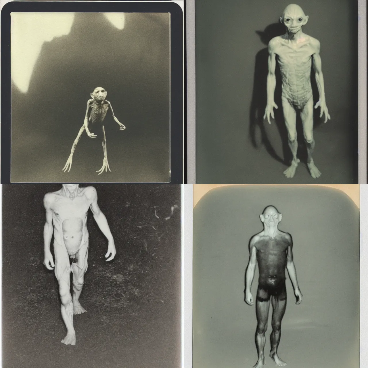Prompt: a found polaroid photograph of gollum at night full body