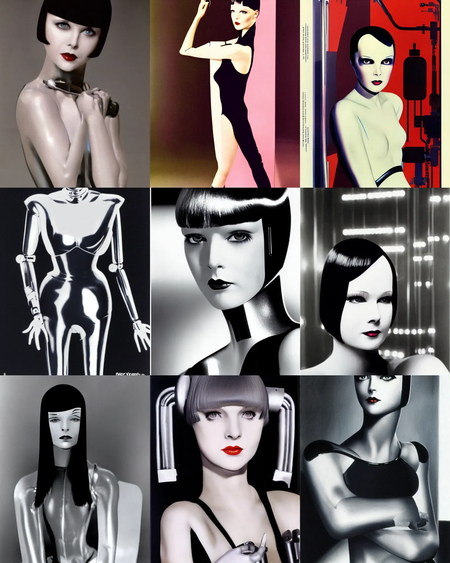 Prompt: mary louise brooks is half robot, chrome skin, 1 9 8 0 s airbrush, clean lines, futuristic, blade runner, shiny clothes