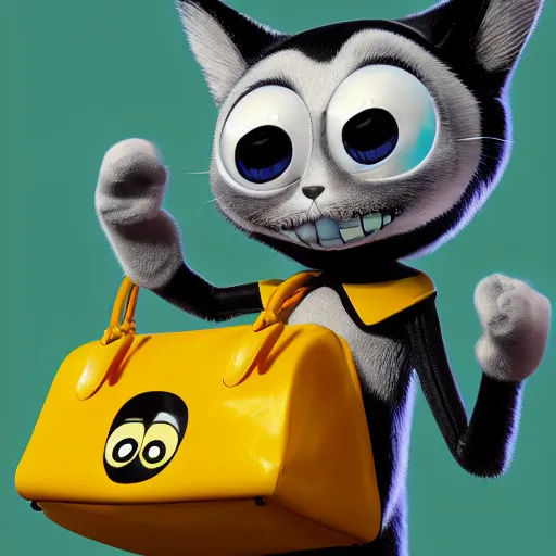 Prompt: serious felix the cat wearing a cylinder with yellow bag, a comic book style portrait painting, pixar, character design by mark ryden and pixar and hayao miyazaki, unreal 5, daz, hyperrealistic, octane render, cosplay, rpg portrait, dynamic lighting, intricate detail, springtime vibrancy, cinematic