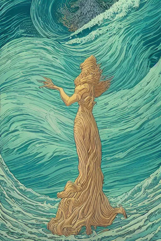 Prompt: a sea witch calling forth a giant wave by dan mumford and john harris and jean delville and victo ngai and josan gonzalez, highly detailed, photorealism, hyperrealistic, art deco, art nouveau