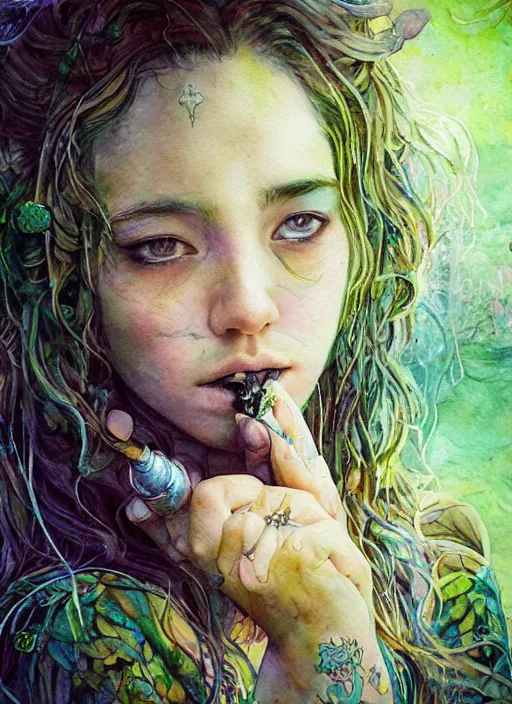 Image similar to portrait, beautiful Stoner hippy girl, sitting in a druid circle, smoking a magical bong, gypsy, watercolor, dramatic lighting, cinematic, establishing shot, extremely high detail, foto realistic, cinematic lighting, pen and ink, intricate line drawings, by Yoshitaka Amano, Ruan Jia, Kentaro Miura, Artgerm, post processed, concept art, artstation, matte painting, style by eddie mendoza, raphael lacoste, alex ross