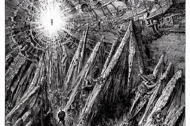 Image similar to hells gates by philippe druillet and gustave dore and much a and moebius and hieronymus bosch