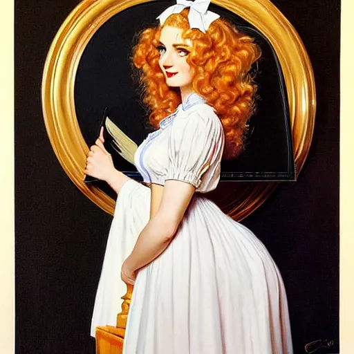 Prompt: beautiful painting of Lucius as a French maid with long pale curly blond hair, beautiful androgynous young man, very very light fluffy curly blond hair, he wears a white secretary shirt and black miniskirt, pinup poster by J.C Leyendecker and Norman Rockwell