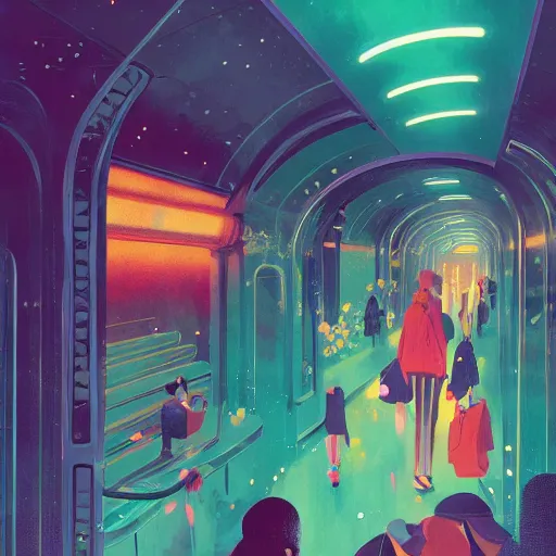 Image similar to paris subway life, by ( victo ngai ), ( ( studio muti ) ), malika favre, ( rhads ), makoto shinkai