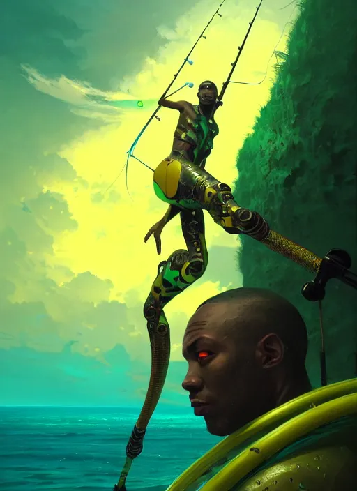 Image similar to portrait of a male jamaican fisherman sci - fi glowing fishing armor fishing rod cyberpunk muscular intricate elegant highly detailed digital painting artstation concept art, ocean background, yellow green black, cinematic, greg rutkowski, loish, rhads, ferdinand knab, makoto shinkai and lois van baarle, ilya kuvshinov, rossdraws, tom bagshaw