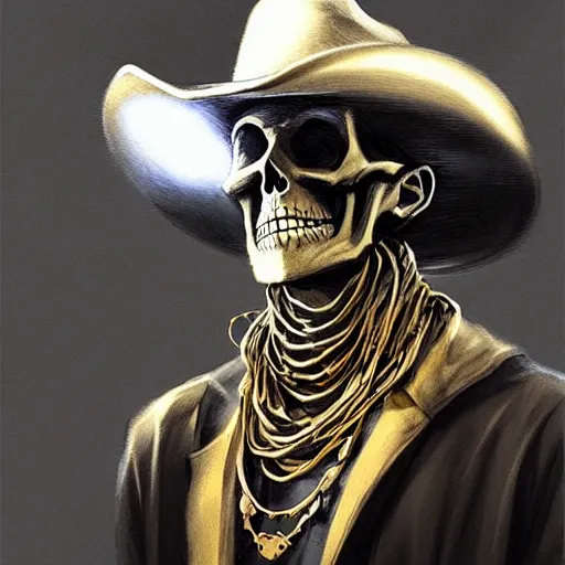 Prompt: a skeleton wearing a cowboy hat and a golden chain around the neck,Character design by charlie bowater, ross tran, artgerm, and makoto shinkai, detailed, inked, western comic book art, 2021 award winning painting,digital art,ultra realistic,ultra detailed,art by greg rutkowski,detailed face,photorealistic,hyperdetailed