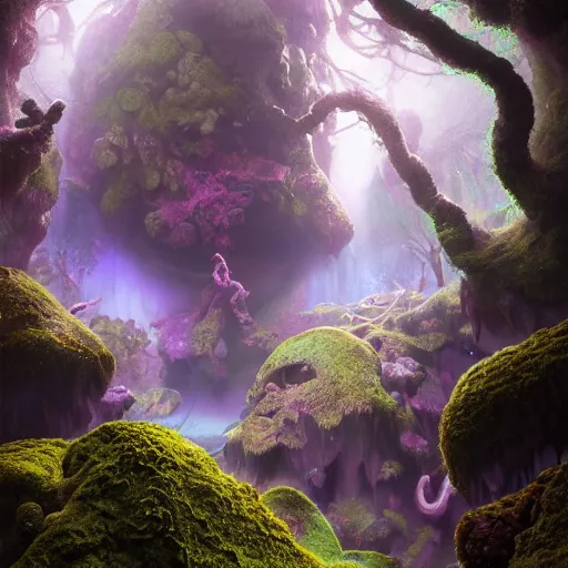 Image similar to tom bagshaw, mythical gigantic space cavern, soft painting render curiosities carnival pond vegetation rocks mushrooms and tentacles covered moss, luminescent wisps, stunning waterfall, accurate features, focus, very intricate ultrafine details, random volumetric lighting, fog, award winning masterpiece, octane render 8 k hd, artstation