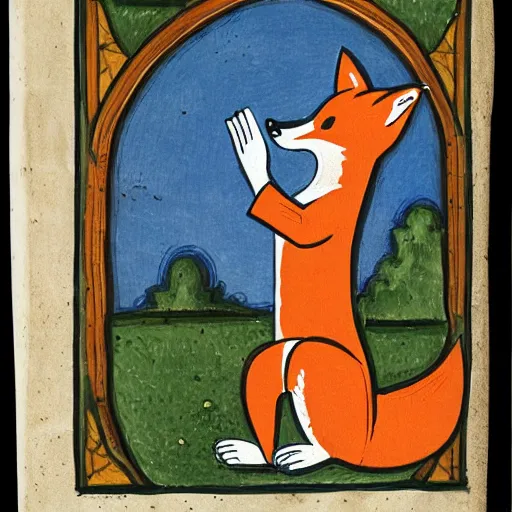 Prompt: anthropomorphic fox doing fieldwork, illuminated manuscript