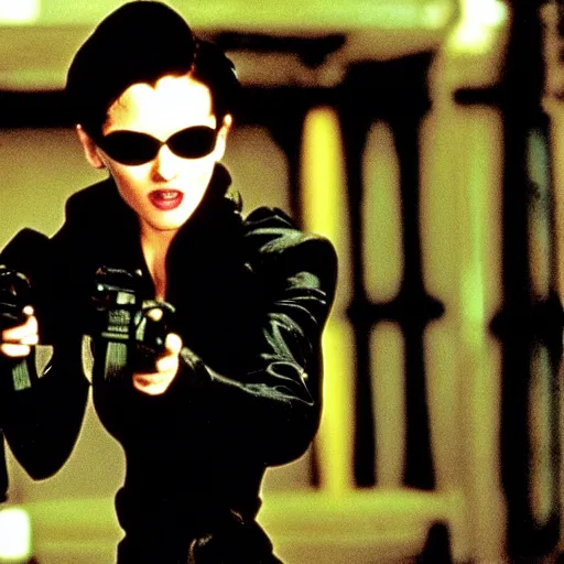 Image similar to movie scene from the matrix, trinity played by marilyn monroe, wearing all black vinyl, holding two guns, film still by the wachowskis