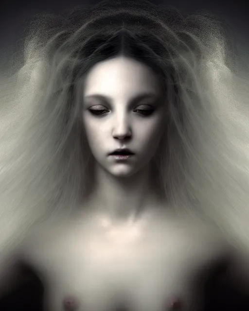 Image similar to soft, delicate, dreamy, feminine, subsurface scattering, white, young beautiful goddess in cosmos with very long white hair floating in air, fluid smoke art, black and white, octane render, dino valls, mark ryden, joe fenton, michal karcz, highly detailed, rim light, art, cinematic lighting, very coherent, hyper realism, 8 k