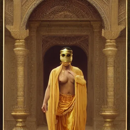 Image similar to orientalist portrait of a sage wearing a golden mask casting a glowing lightning magic spell in a sandstone temple intricate portrait by john william waterhouse and Edwin Longsden Long and Theodore Ralli and William-Adolphe Bouguereau, very coherent symmetrical artwork. Cinematic, hyper realism, high detail 8k