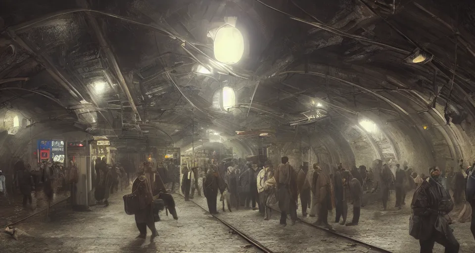 Image similar to cluster phobic market in an underground dystopian subway by eugene von guerard, ivan shishkin, dramatic lighting, concept art, trending on artstation