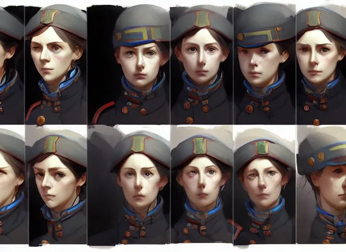 Prompt: 1 8 5 5 british crimean war nurse, character face study, multiple angles, directions and moods. faces only, concept art finely detailed perfect art, painted by greg rutkowski makoto shinkai takashi takeuchi studio ghibli, pinterest, cevagraf comics