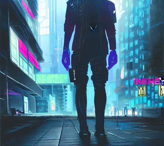 Image similar to a painting of a cyberpunk netrunner, street level