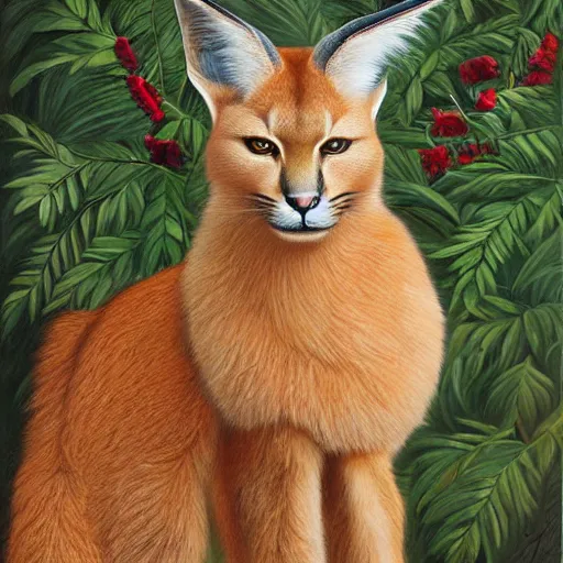 Image similar to fullbody portrait of cute fluffy caracal, wearing laurel wreath on his head, illustration, high detail, francine van hove