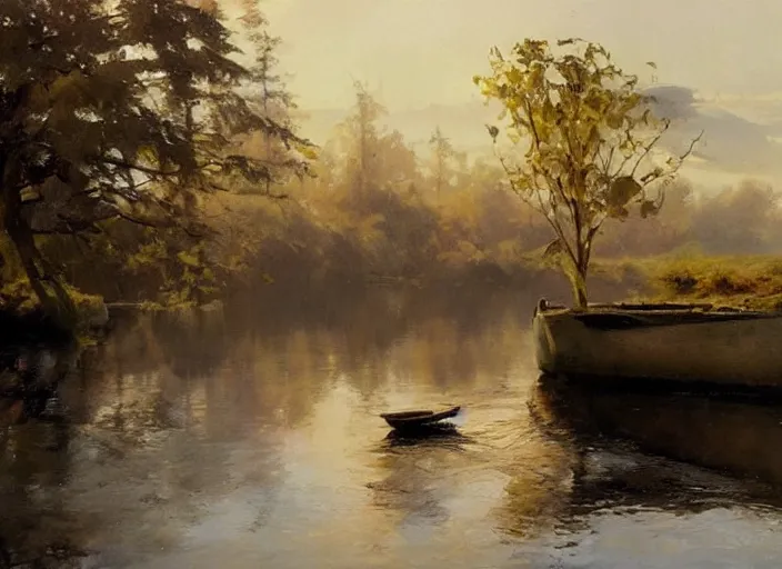 Prompt: oil painting of calm river with wooden boat, stone bridge, art by anders zorn, wonderful masterpiece by greg rutkowski, beautiful cinematic light, american romanticism by greg manchess, creation by tyler edlin