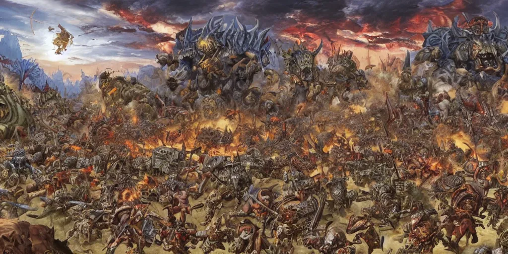 Prompt: Warhammer Original Artwork depicting a large battlescene at dusk by Geof Darrow and Peter Paul Rubens, Sprawling battlefeild of death with monsters and creatures, Full frame,dappled light,Retro Futurism,Studio Ghibli,Anime