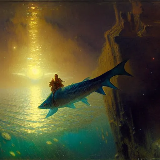 Image similar to point of view of deep in the ocean looking up, you see fishes, the milk way, night time, midnight, no sunlight. highly detailed painting by gaston bussiere, greg rutkowski 8 k