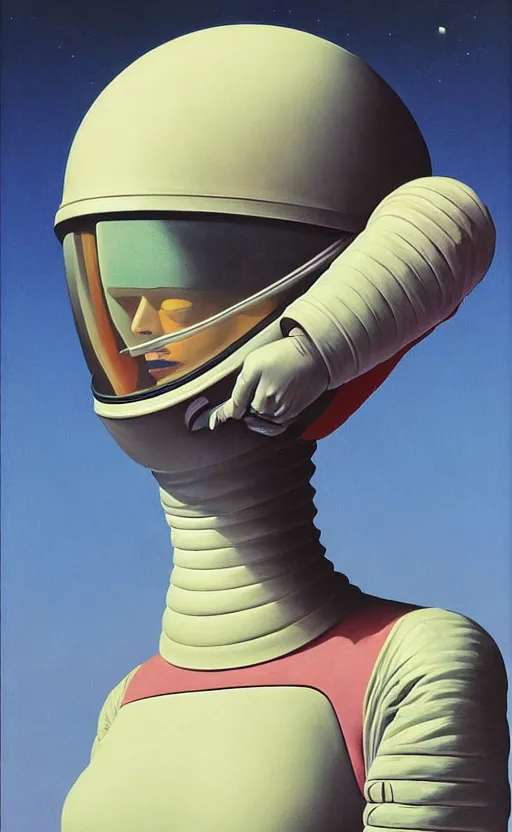 Image similar to portrait of an astronaut lady woman wearing helmet with tight black latex dress tight suit, Edward Hopper and James Gilleard, Zdzislaw Beksinski, Mark Ryden, Wolfgang Lettl highly detailed