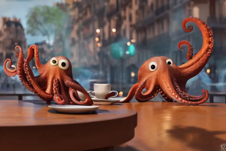 Prompt: Angry little octopus threaten with a fist from a cup of coffee in beautiful morning café in Paris. Pixar Disney 4K 3d render funny animation movie Oscar winning trending on ArtStation and Behance. Oscar Award winner