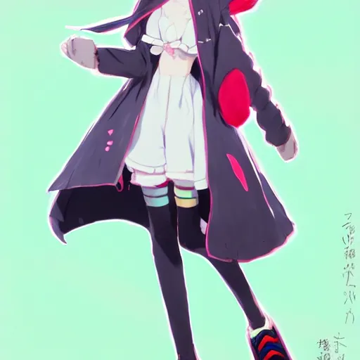 Prompt: concept art of a bunny girl wearing a big jacket with butterfly patterns, butterfly inspired japanese harajuku street fashion, gapmoe yandere grimdark, butterfly trending on pixiv fanbox, painted by greg rutkowski makoto shinkai takashi takeuchi studio ghibli, akihiko yoshida