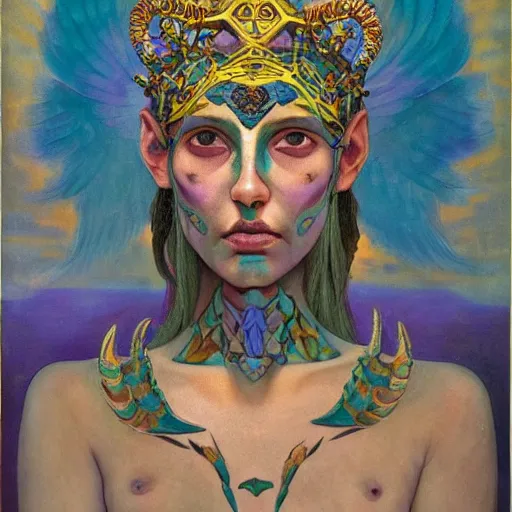 Image similar to the bone crown, the crown of wings, by Annie Swynnerton and Nicholas Roerich and Diego Rivera, bioluminescent skin, tattoos, elaborate costume, geometric ornament, symbolist, cool colors like blue and green and violet, smooth, sharp focus, extremely detailed