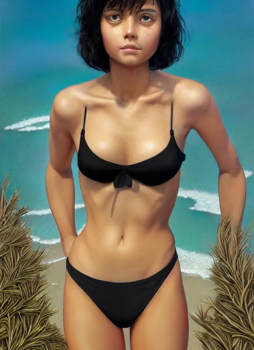 Prompt: a young tanned petite girl with short black hair, in a black betch bra, on the sandy beach of a blue lake in a pine forest, photostyle, symmetric face, hyperrealism, no blur, 4 k resolution, ultra detailed, style of beautiful body, tyler edlin, tom bagshaw, arthur rackham, ivan shishkin