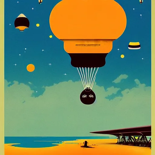 Prompt: go to infinity, a journey by space blimp, travel poster