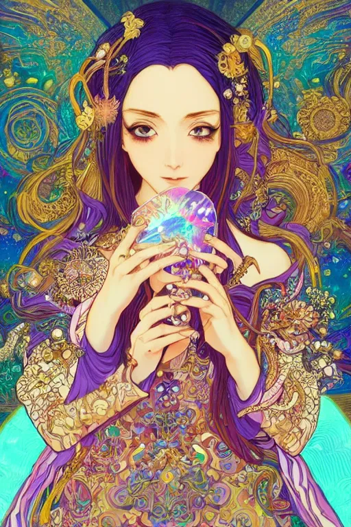 Image similar to psychedelic, intricate, highly detailed, anime, 4k, beautiful seductive woman holding a crystal containing the universe, with professional makeup, long trippy hair, surrounded by gems, underneath the stars, trending on patreon, deviantart, twitter, artstation, volumetric lighting, heavy contrast, by artgerm and Ilya Kuvshinov and alphonse mucha