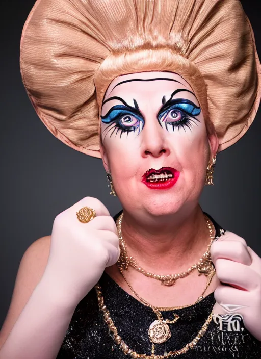 Image similar to studio portrait of lindsey graham in full drag dressed in drag dressed as a woman makeup, 8 k, studio lighting, key light, back light, sequents,