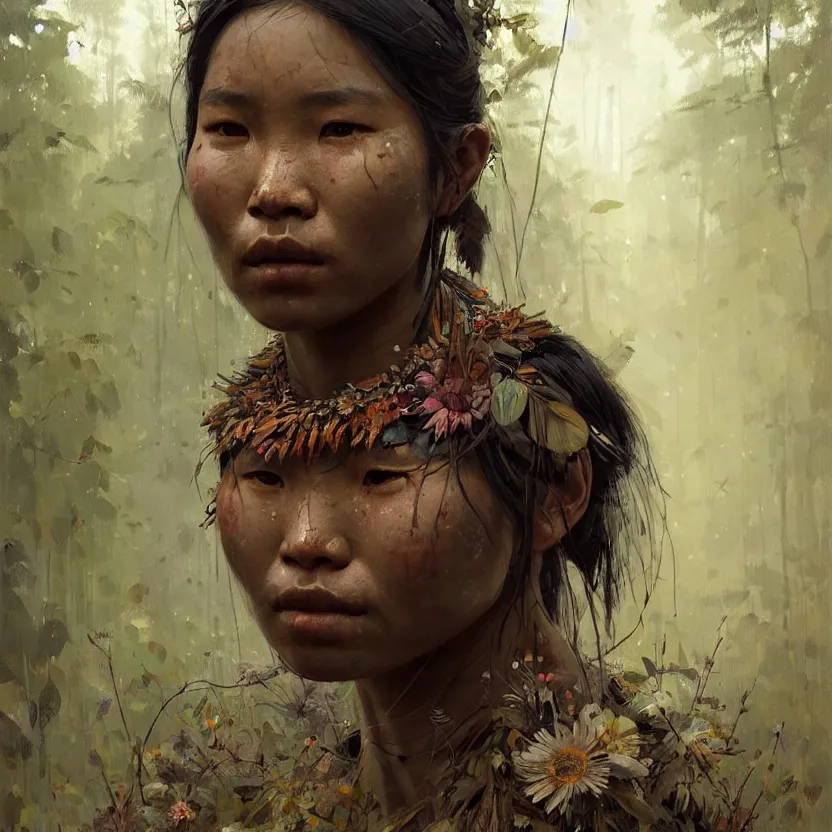 Image similar to detailed portrait of a tribal woman with asian eyes and thick lip forest girl, flowers and trees, by ismail inceoglu dragan bibin hans thoma greg rutkowski alexandros pyromallis nekro rene maritte illustrated, perfect face, fine details, realistic shaded, fine - face, pretty face