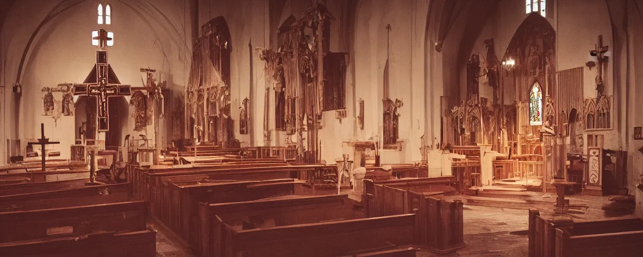 Prompt: interior of a church with a large cross on the podium covered in spaghetti, worshippers in the pews in the background, canon 5 0 mm, cinematic lighting, photography, retro, film, kodachrome, closeup