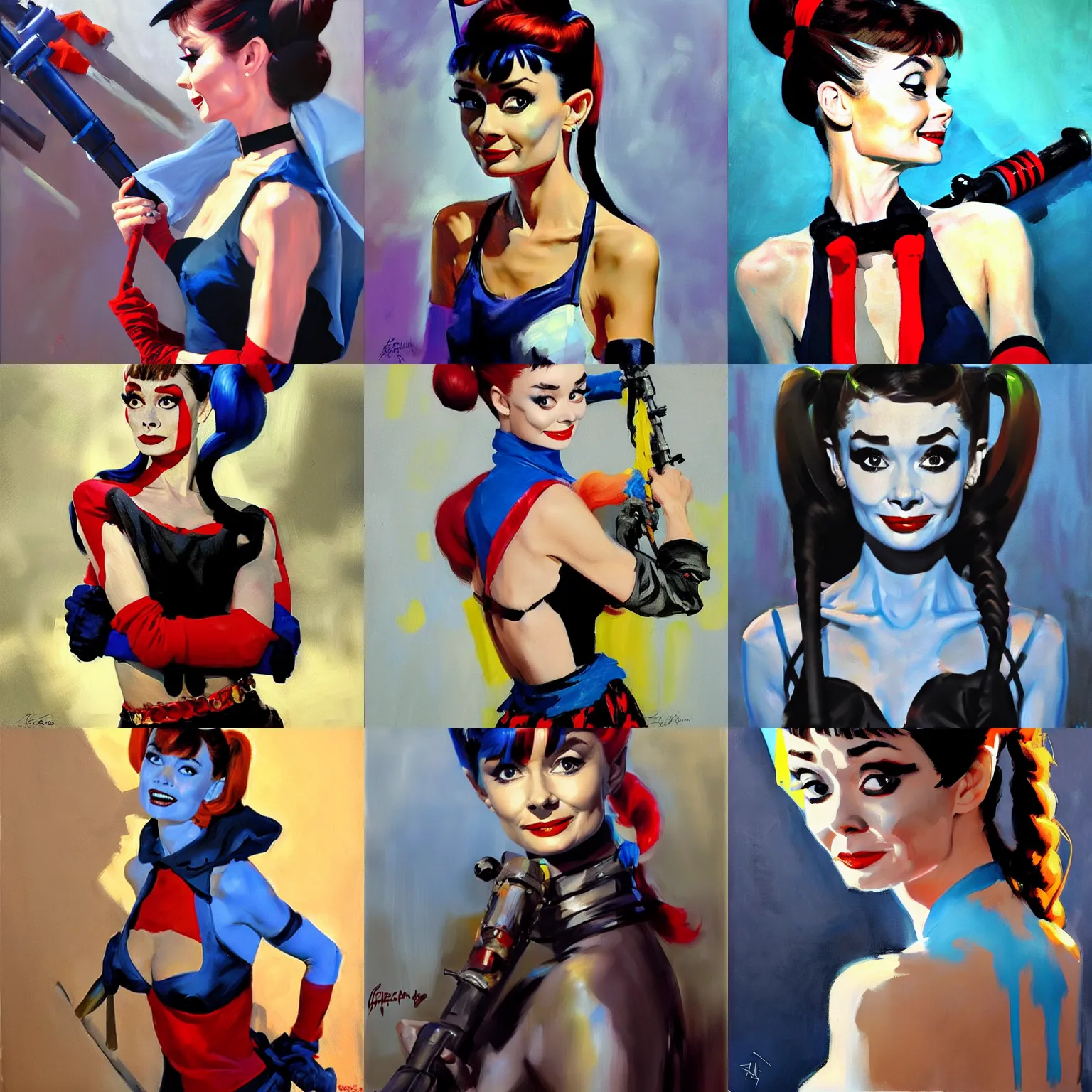 Prompt: greg manchess portrait of evil audrey hepburn as harley quinn, two long braids blue with bazookas, organic painting, sunny day, matte painting, bold shapes, hard edges, street art, trending on artstation, by huang guangjian, gil elvgren, ruan jia, randy vargas, greg rutkowski